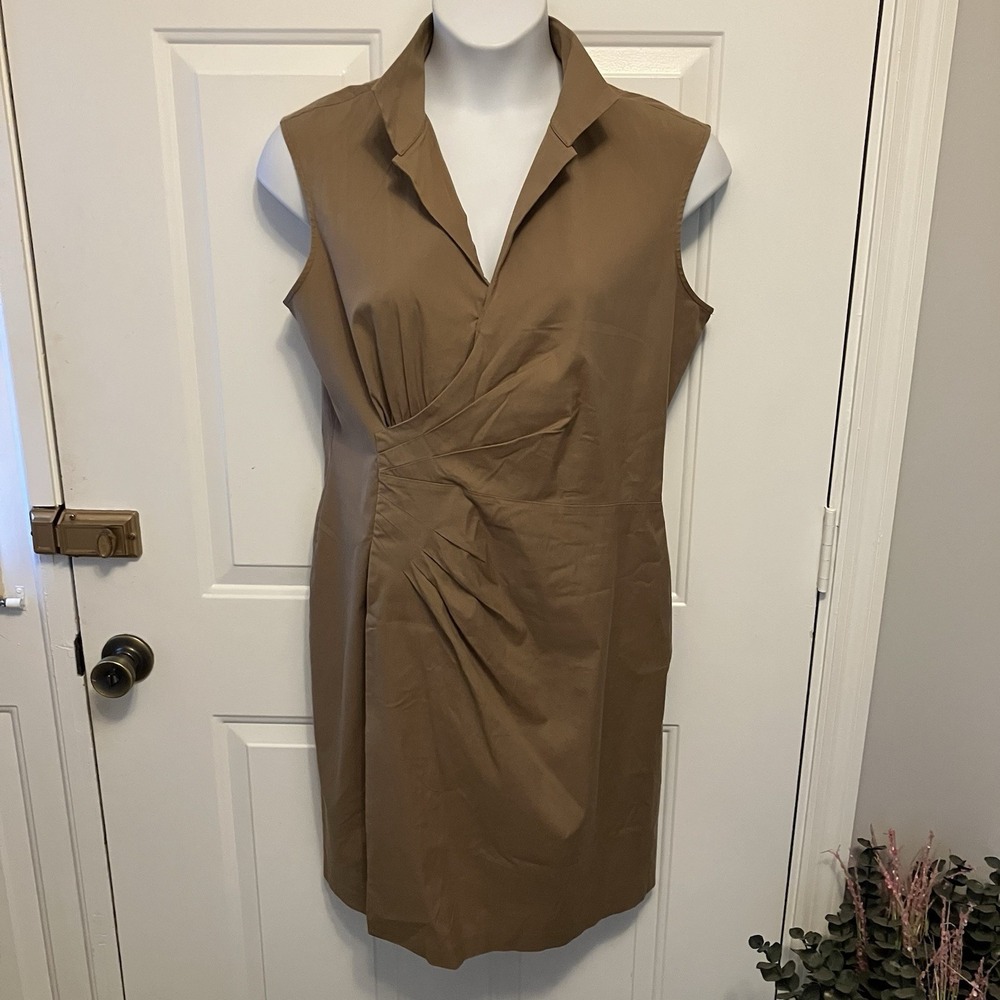 Lafayette 148 Size 14 Brown Faux Wrap Dress Midi Sleeveless Cotton Career Womens